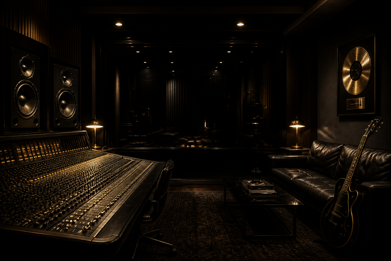 Premium recording studio with speakers, mixing console, couch and guitar